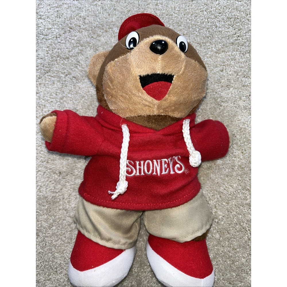 2007 Shoney's Restaurant Advertising Bear Plush 12" Red Hat Shirt Khaki‎ Pants